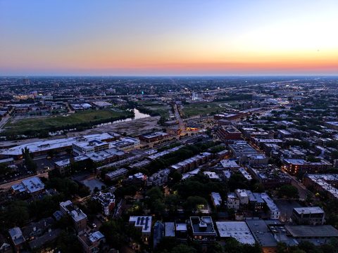 Chicago retail building twilight aerial flyover